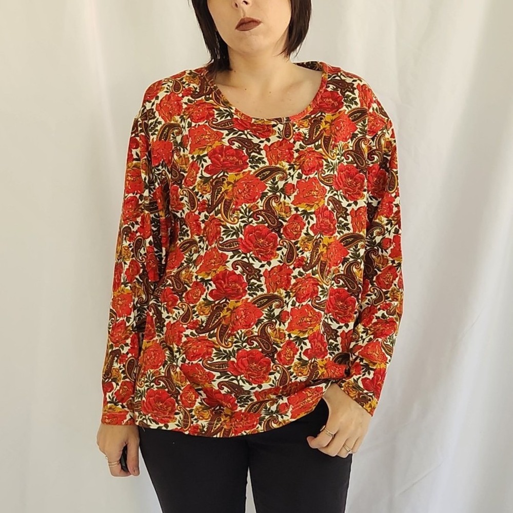90s/00s Orange Floral and Paisley‎ Cotton Shirt